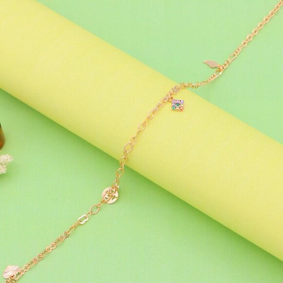 "Rose Gold Anklet with Rainbow Charm and Leaf Accents, XPAL1039 - Picture 8 of 12